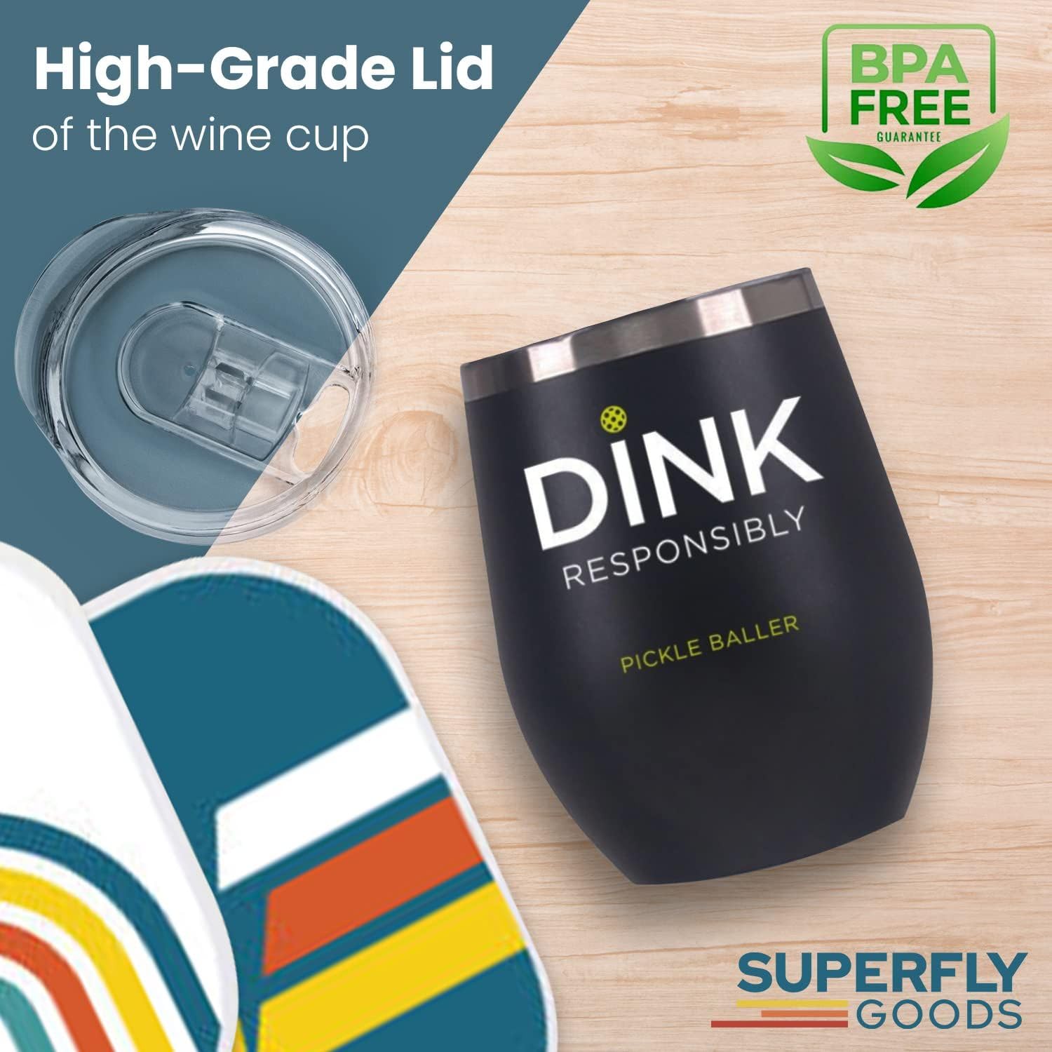 Super Fly Goods vaso-pickleball de vino para viajes y entrenamientos fuera de casa