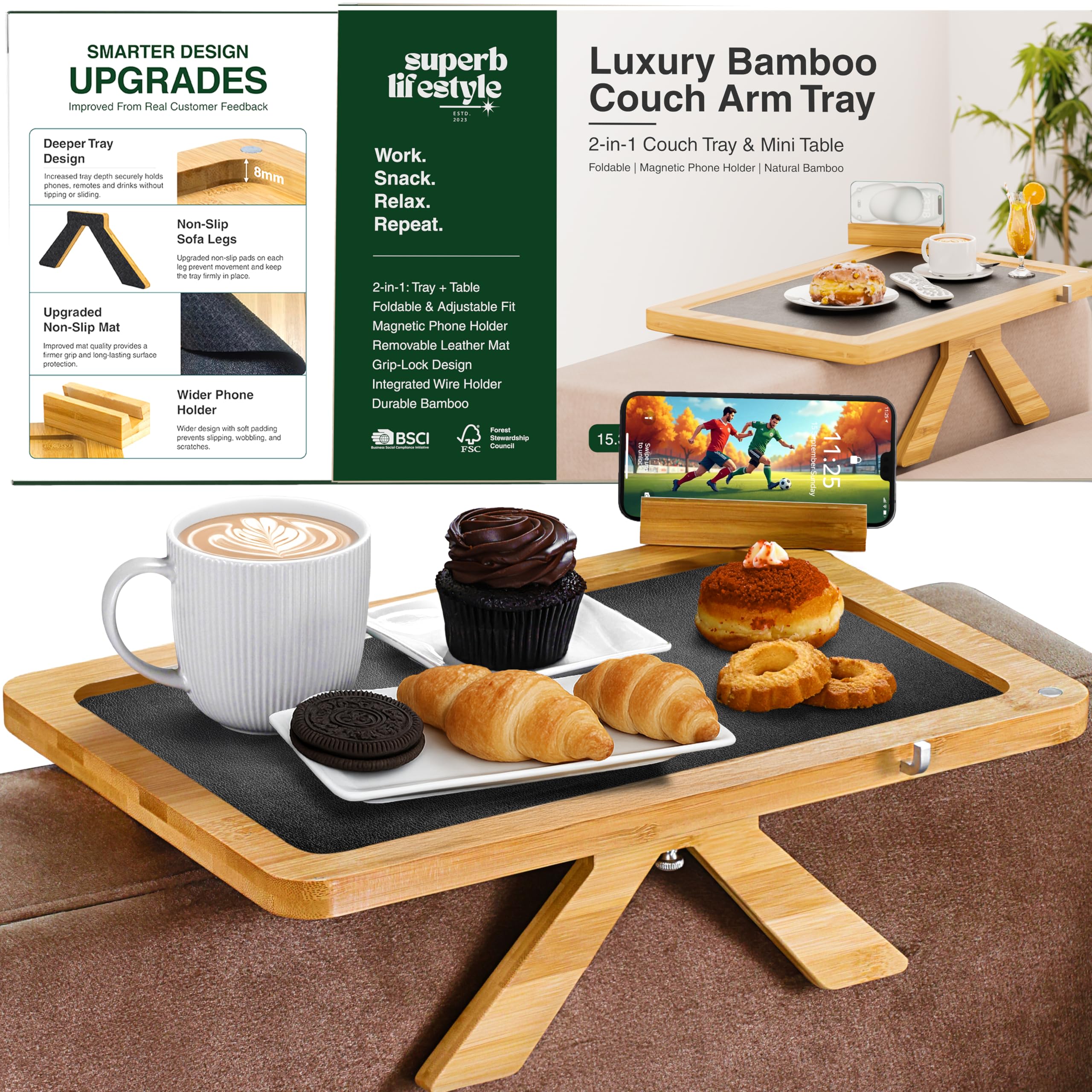 Superb Lifestyle bandeja reposabrazos para sofá, ideal para snacks y bebidas al alcance