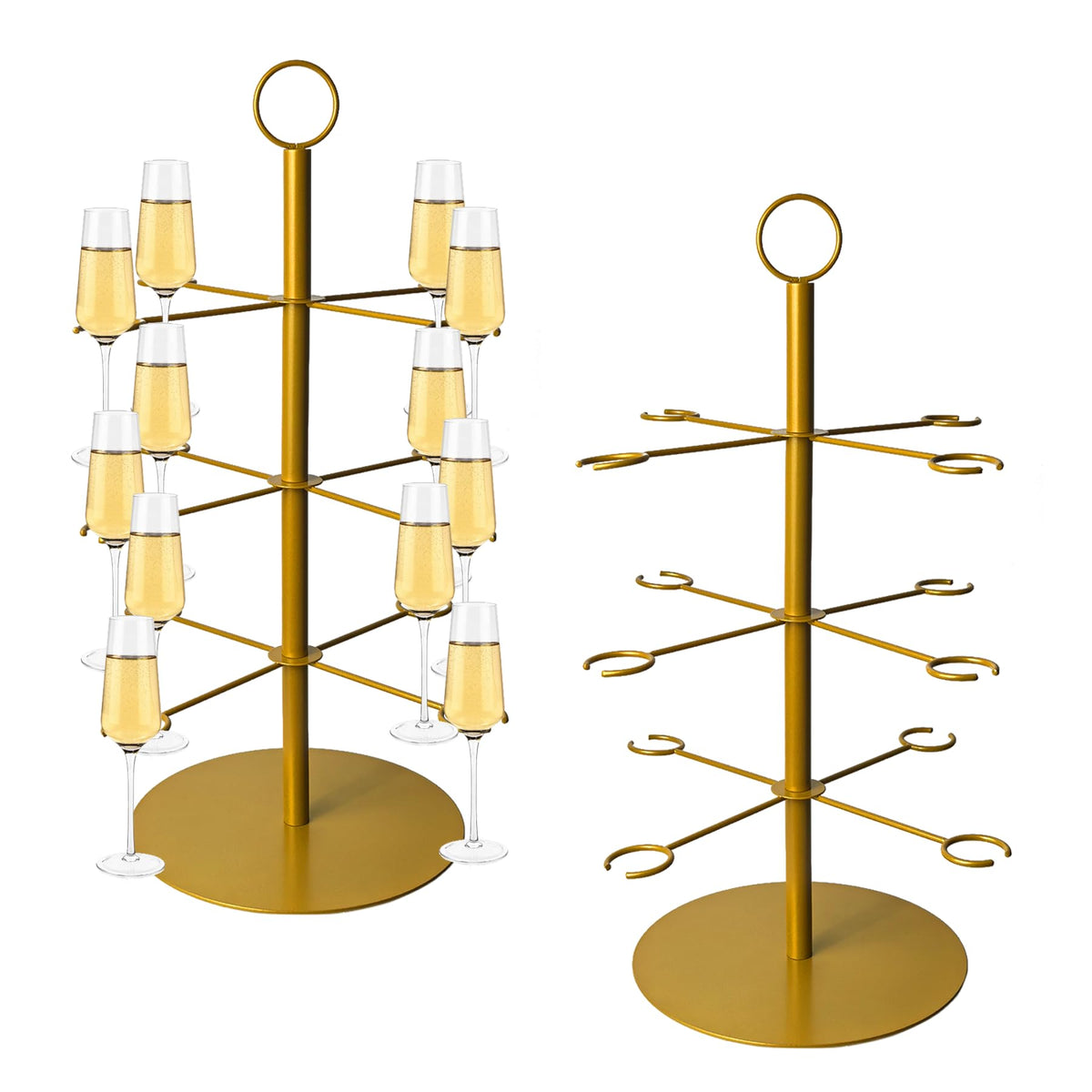 Superjackwang torre champán tres niveles lista para eventos elegantes.