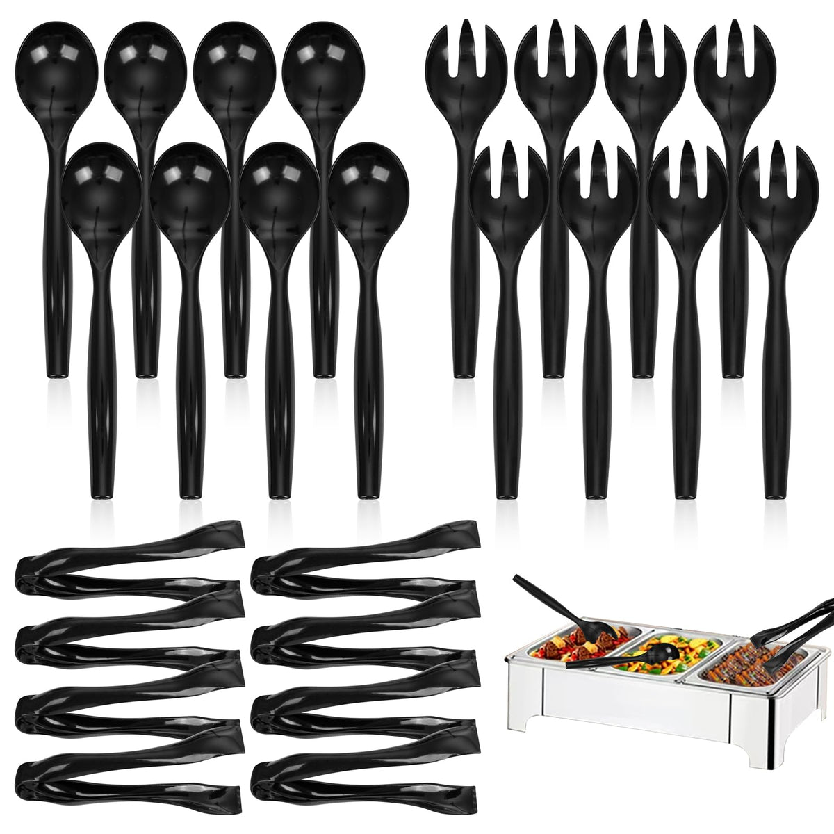 Supernal juego de cubiertos para servir negro de 36 piezas para buffets elegantes.