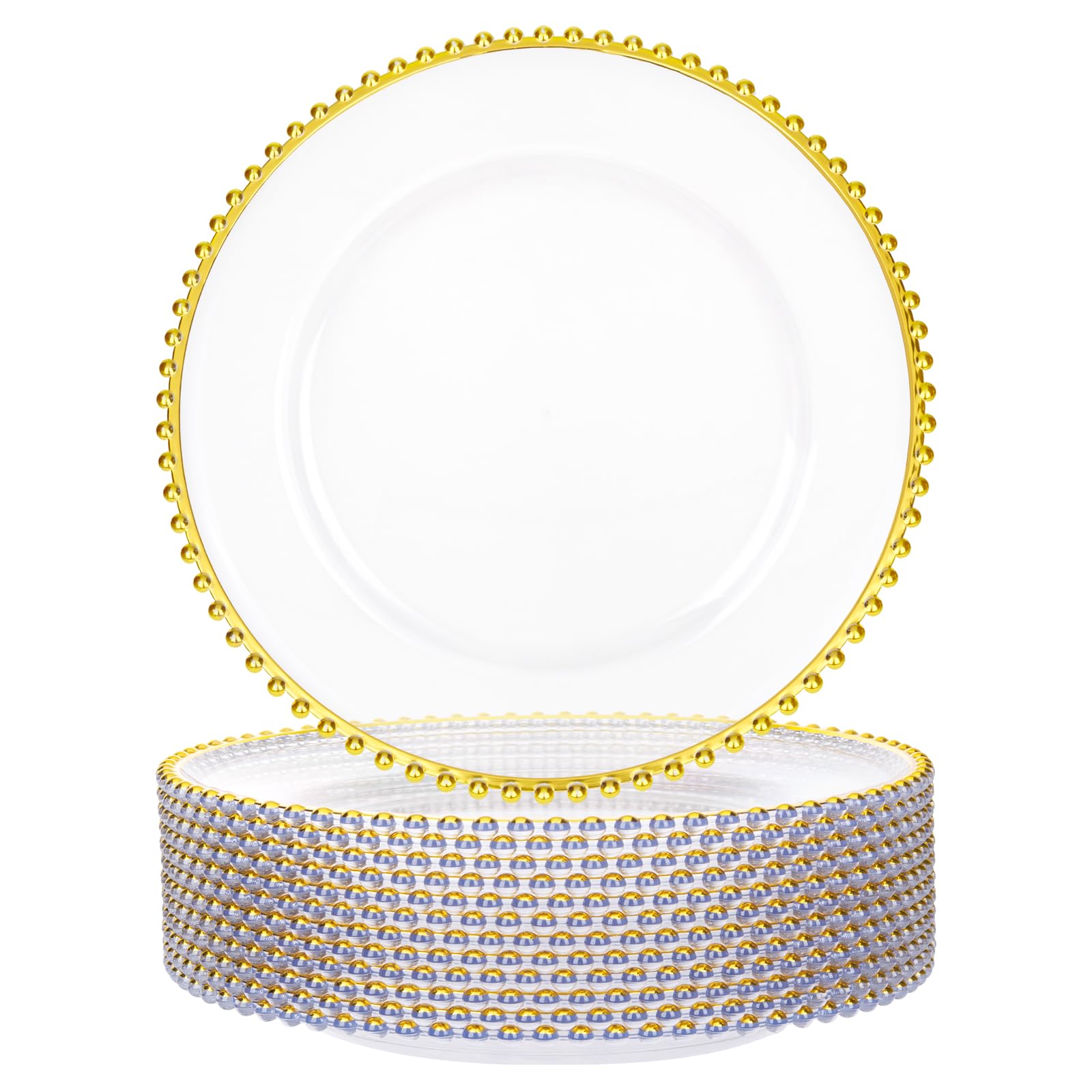 Supernal plato cargador transparente con borde dorado de cuentas para realzar vajilla.
