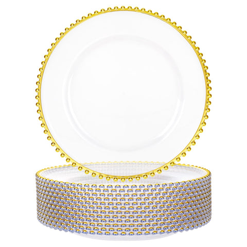 Supernal plato cargador transparente con borde dorado de cuentas para realzar vajilla.