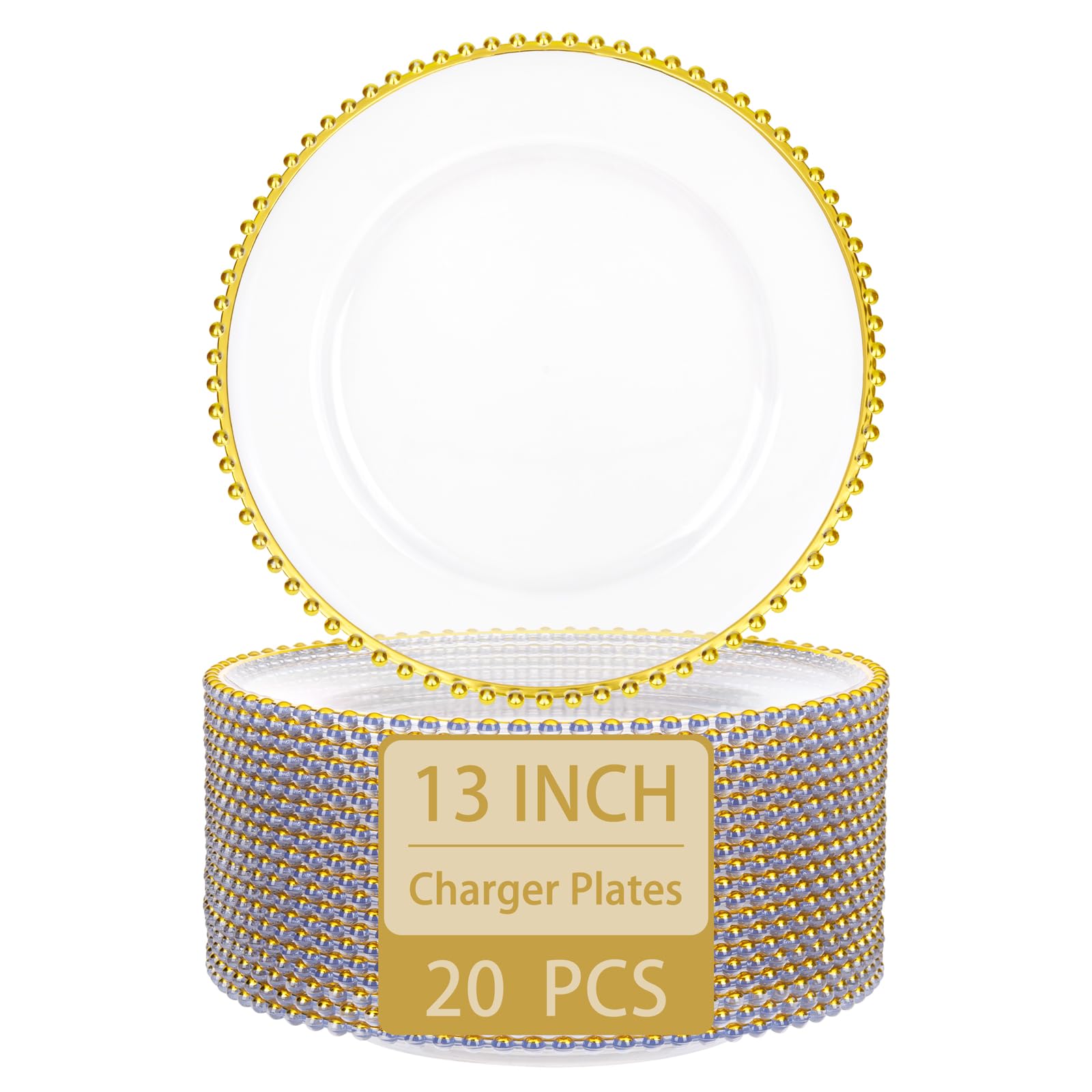 Supernal plato cargador claro con cuentas doradas, ideal para presentaciones elegantes.
