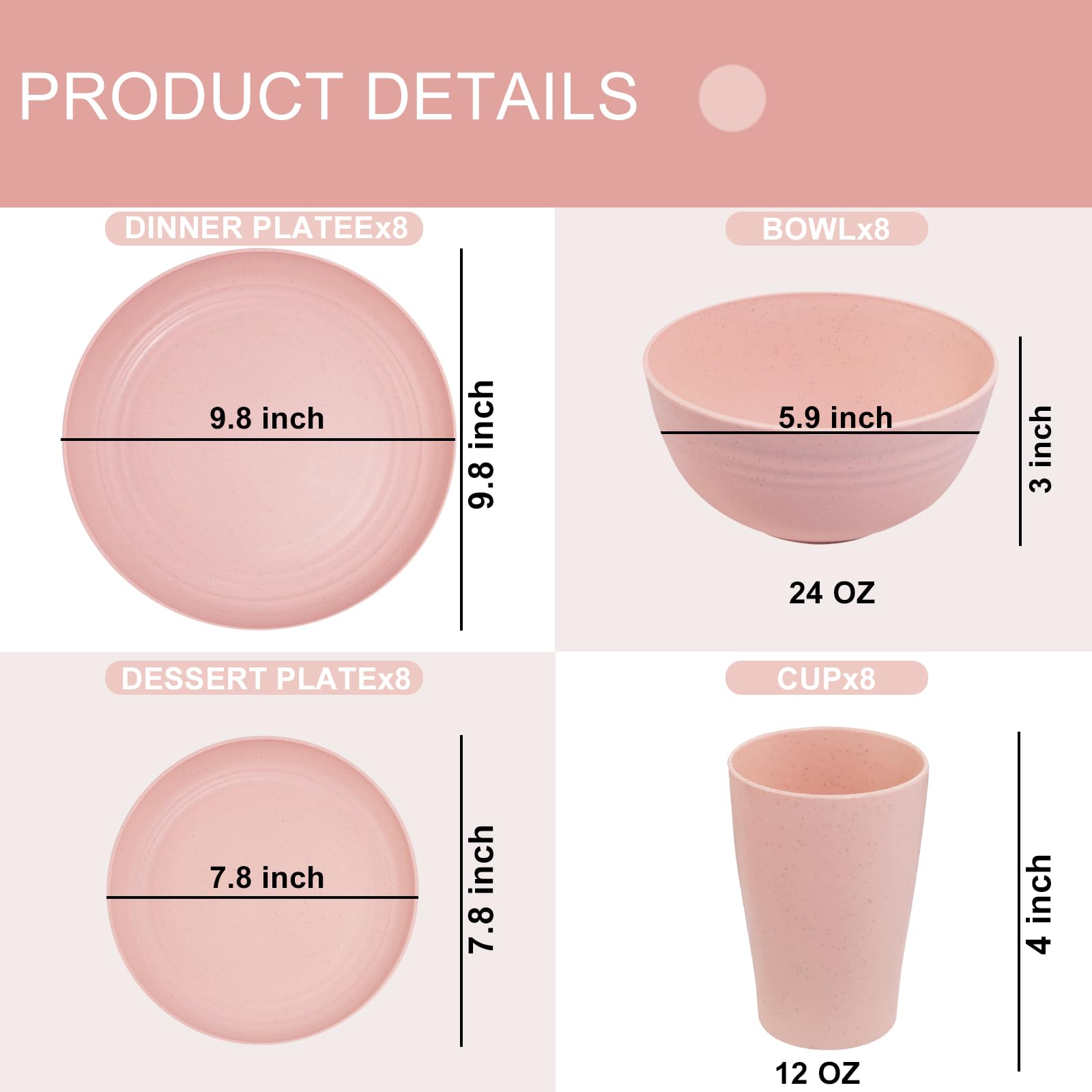 Platos rosados de paja de trigo Supernal, duraderos y ligeros para uso diario.