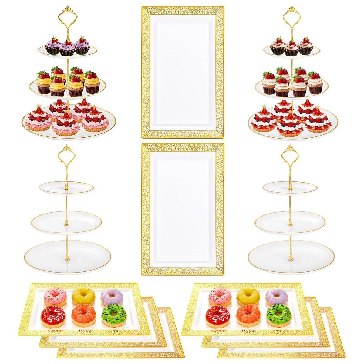 Supernal conjunto para postres de tres niveles exhibe tortas y cupcakes en eventos