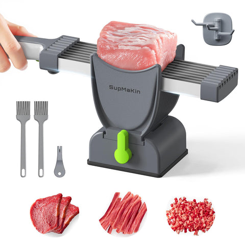 Cortador SupMaKin de carne fresca mostrando 18 rebanadas finas en una pasada