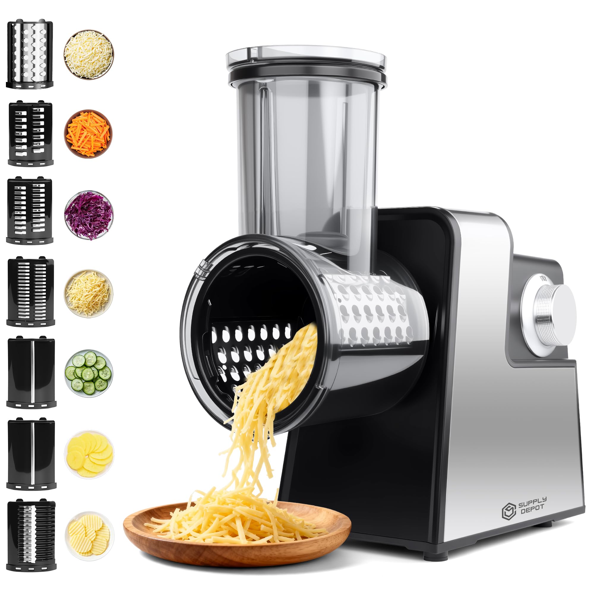 Rallador eléctrico Supply Depot 7 en 1 en acero inoxidable para queso y verduras, uso versátil.