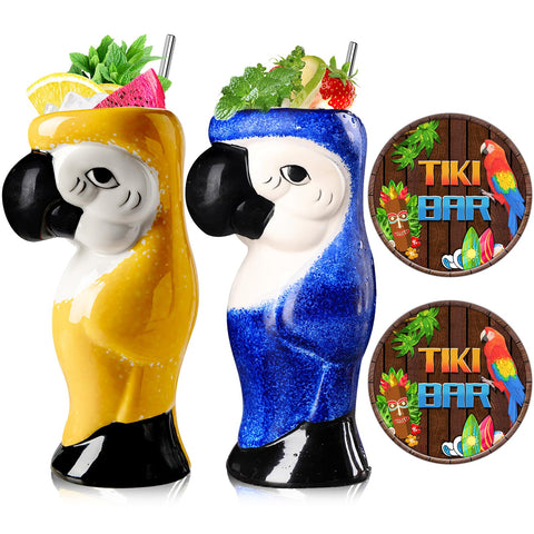 SuproBarware tazas tiki dos grandes con loro, perfectas para fiestas tropicales.