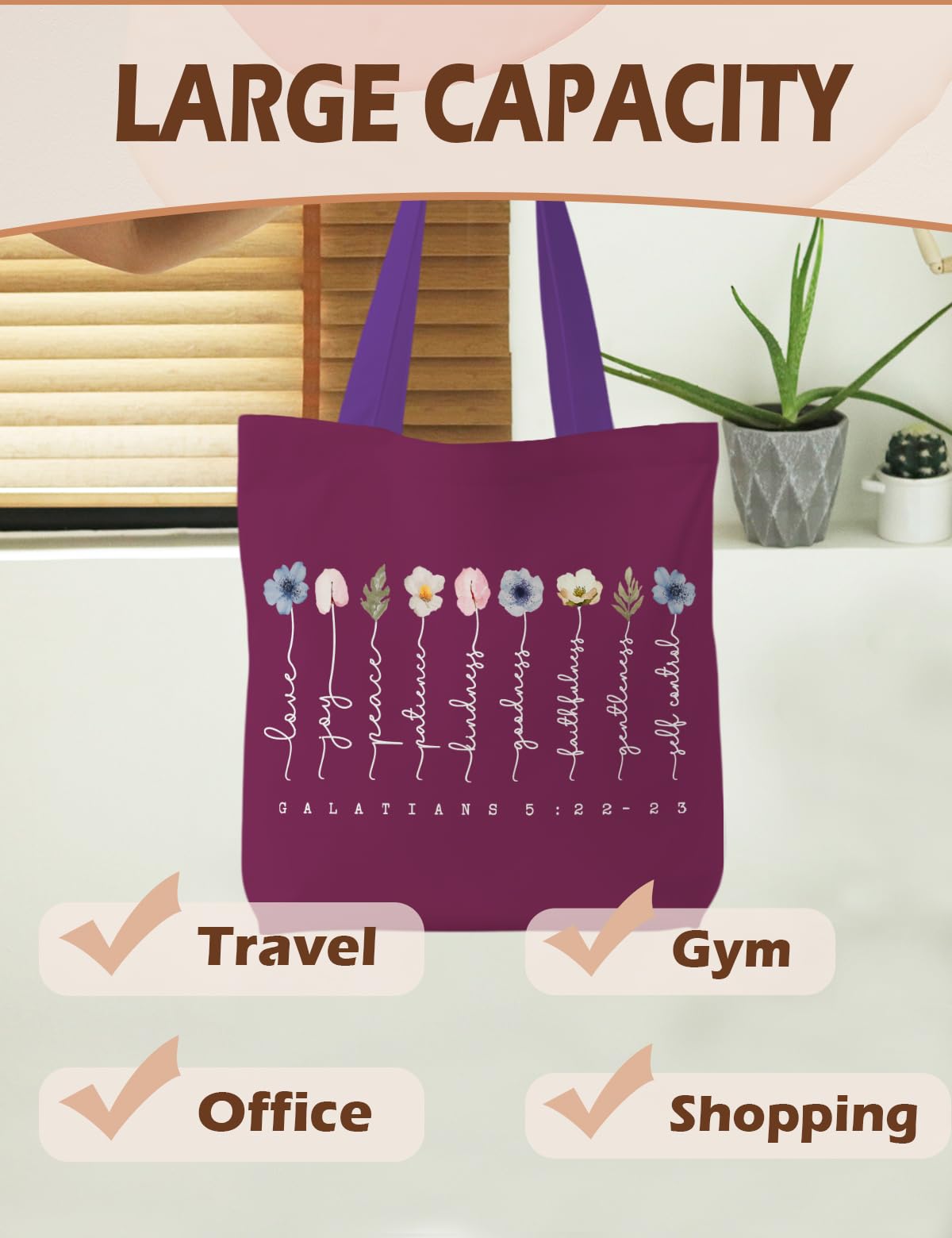 Supwhd bolsa tote cristiana Fruto del Espíritu, perfecto para uso diario y regalo.