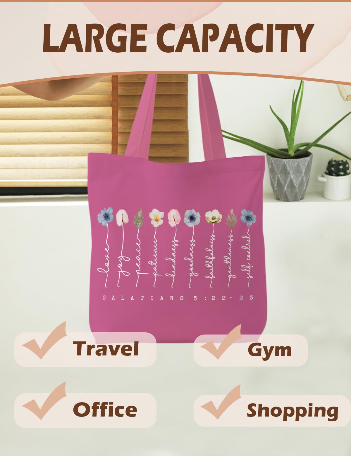 Supwhd bolsa tote rosa con dibujo artístico, ideal para libros y compras