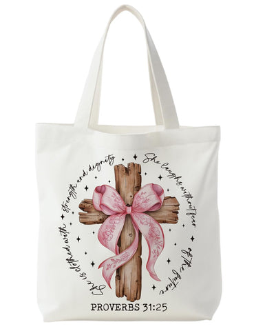 Supwhd bolso tote canvas Proverbios 31 con lazo rosado y cruz, estilo diario.