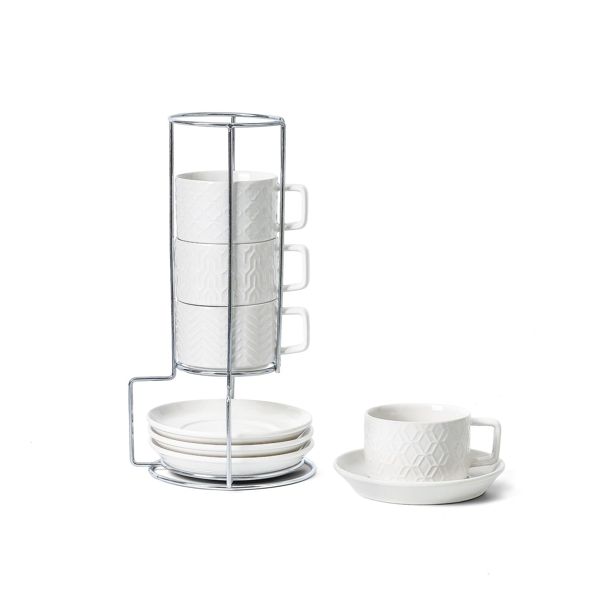 Sureasy tazas espresso cerámicas 4oz con platillos y soporte; conjunto elegante para casa