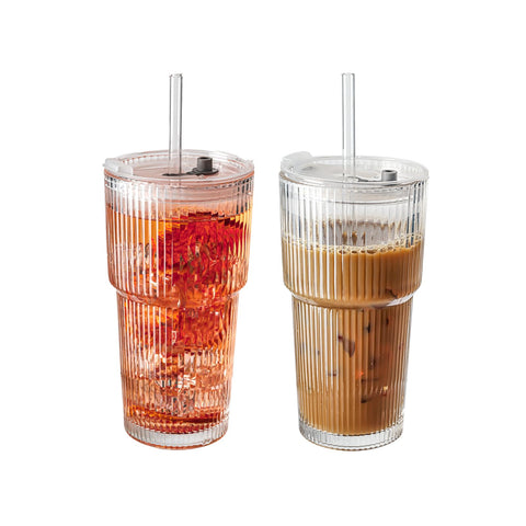 Suroque tazas de vidrio ondulado 20 onzas con tapas, perfectas para bebidas frías.
