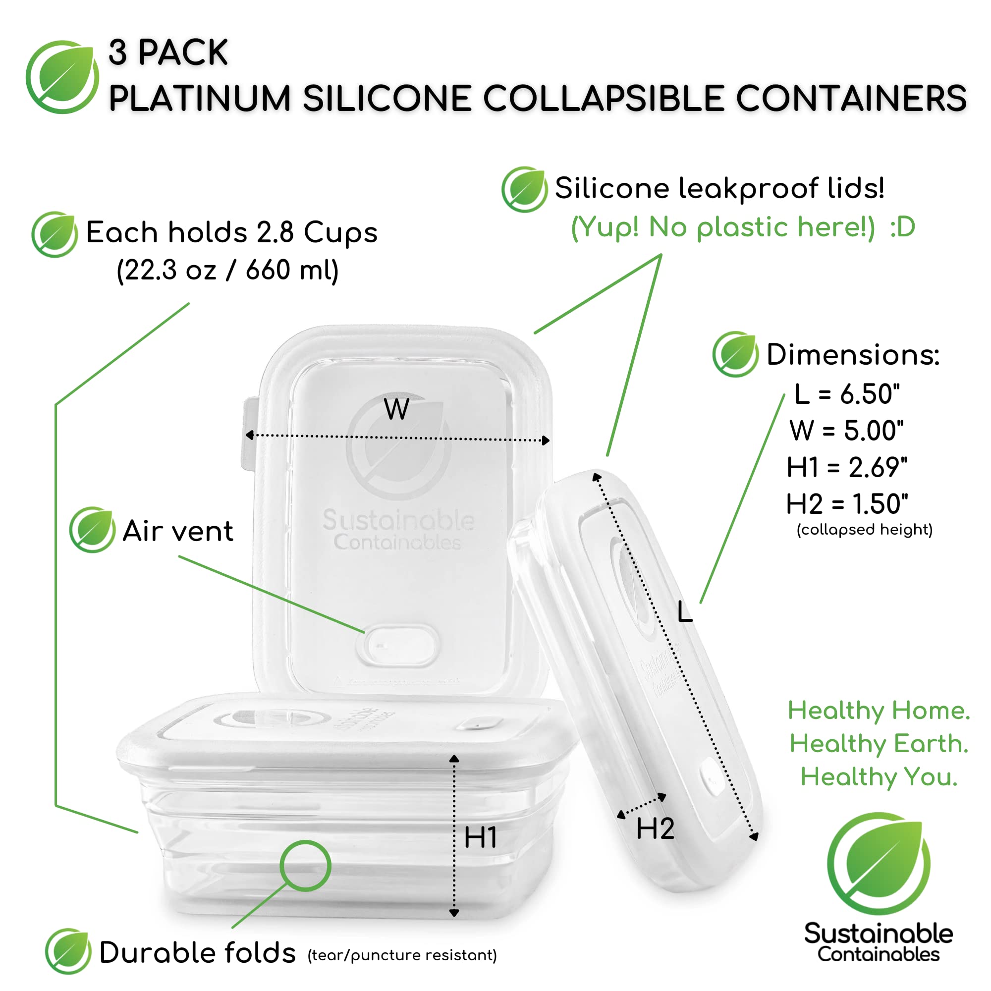 Sustainable Containables: tapas de silicona a prueba de fugas para transporte seguro.