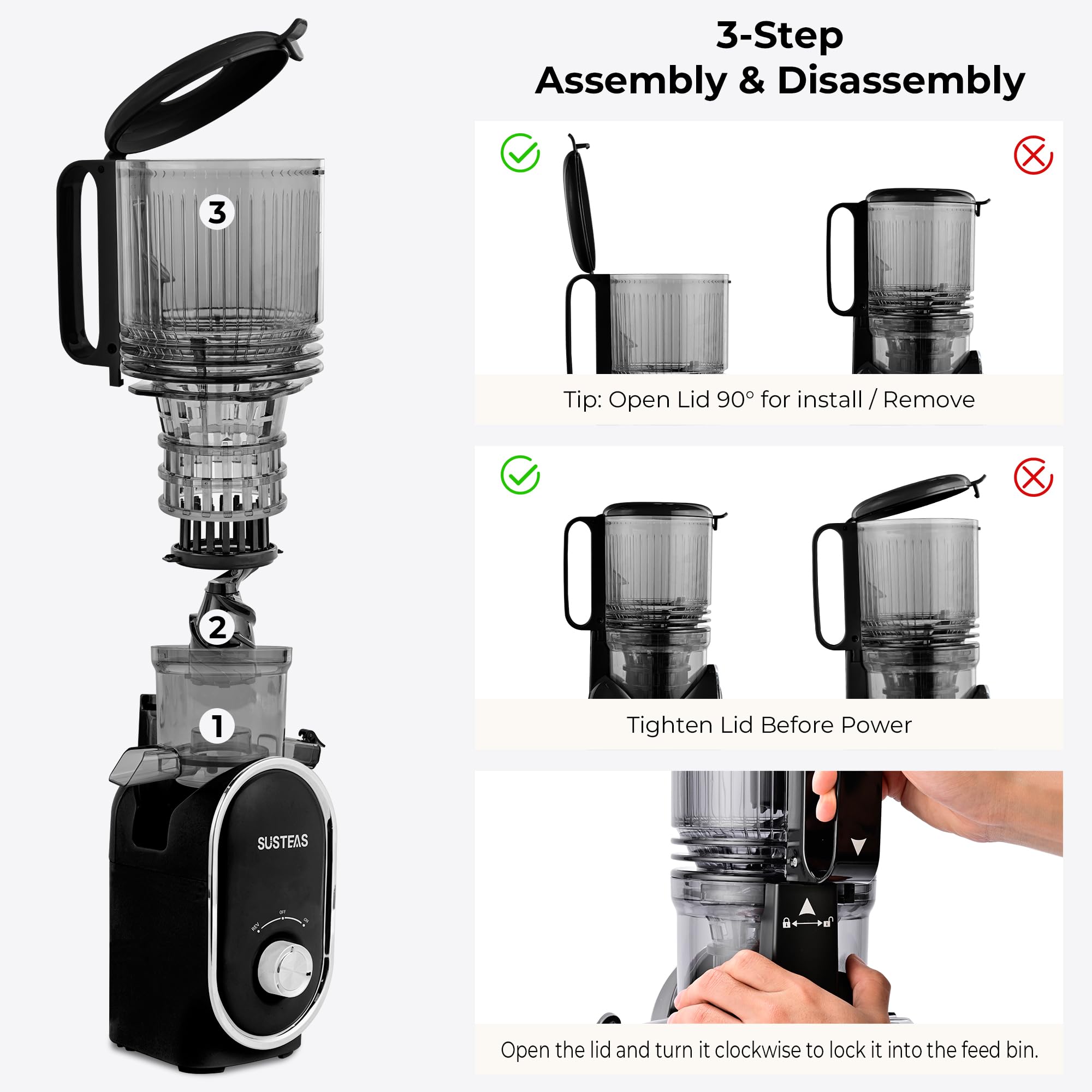 Exprimidor SUSTEAS con tolva de 5-3 pulgadas para procesar frutas enteras.