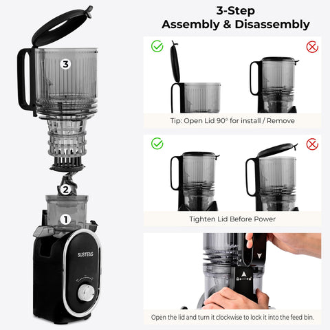 Exprimidor SUSTEAS con tolva de 5-3 pulgadas para procesar frutas enteras.