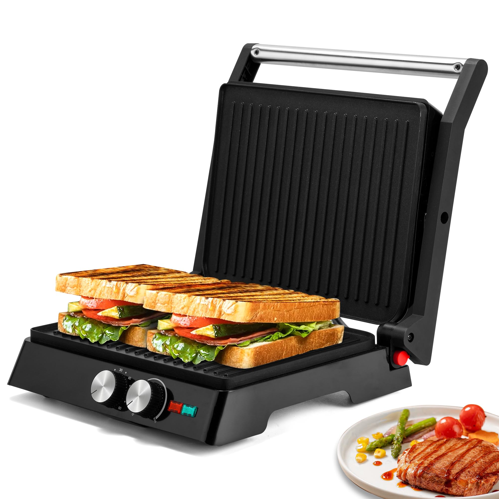 Prensa Panini SUSTEAS vista frontal para desayunos rápidos y versátiles.