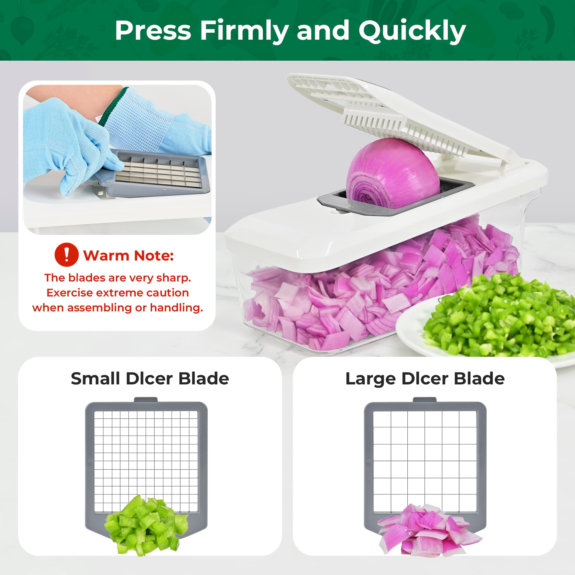 SUSTEAS Picadora con cuchillas intercambiables para cortes uniformes en ensaladas.