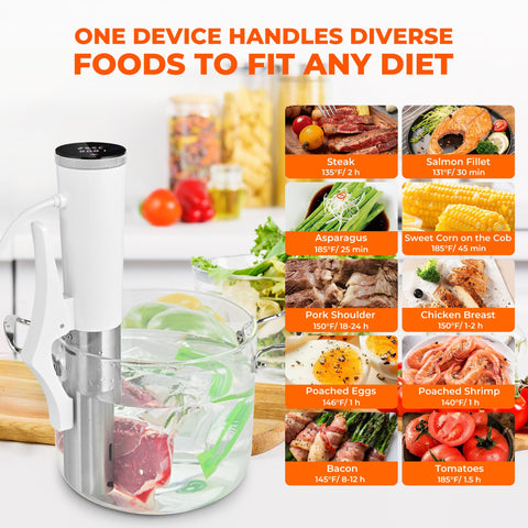 SUSTEAS Sous Vide: circulación de agua de 3200 rpm para cocción uniforme.