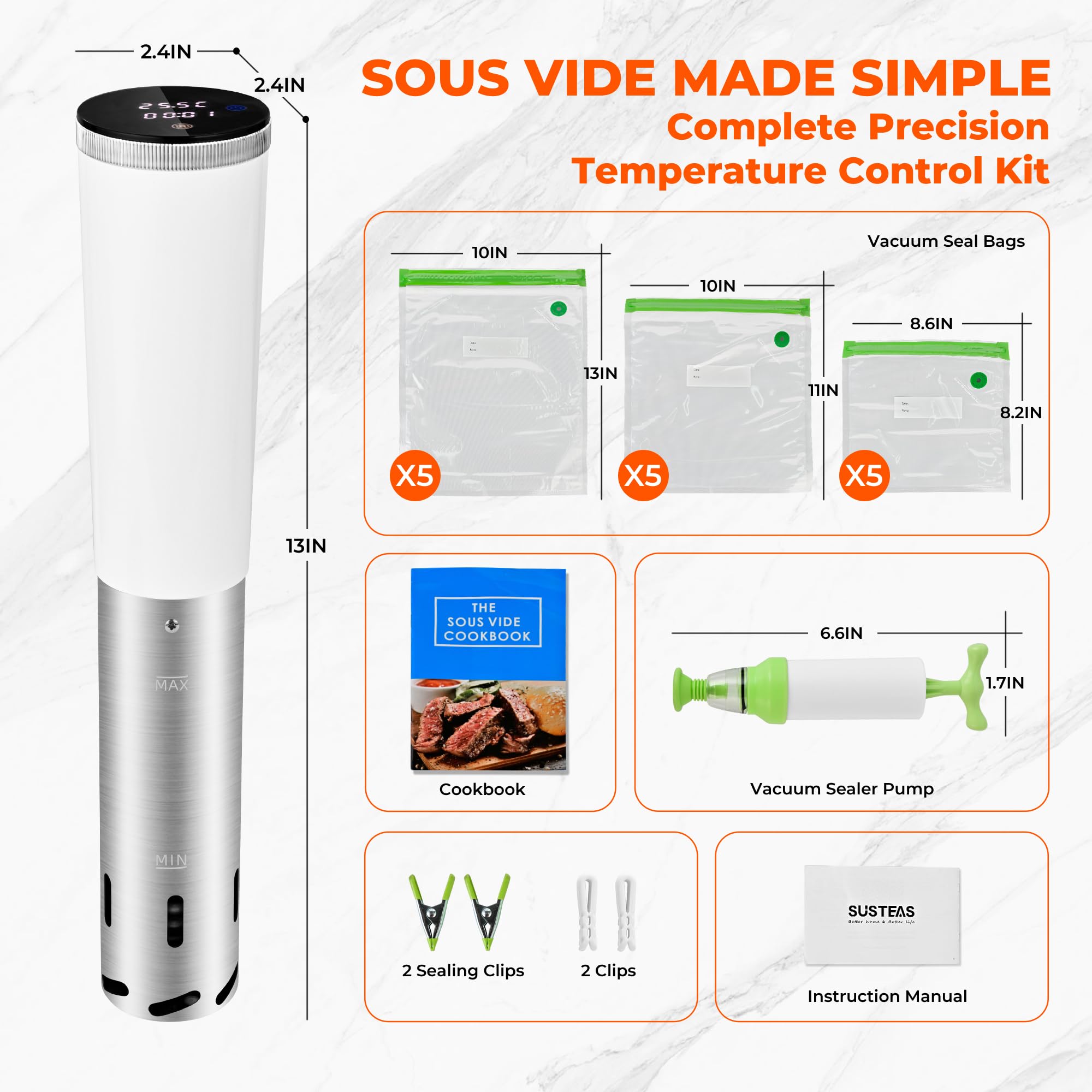 SUSTEAS Sous Vide con motor silencioso para cocción sin ruido.