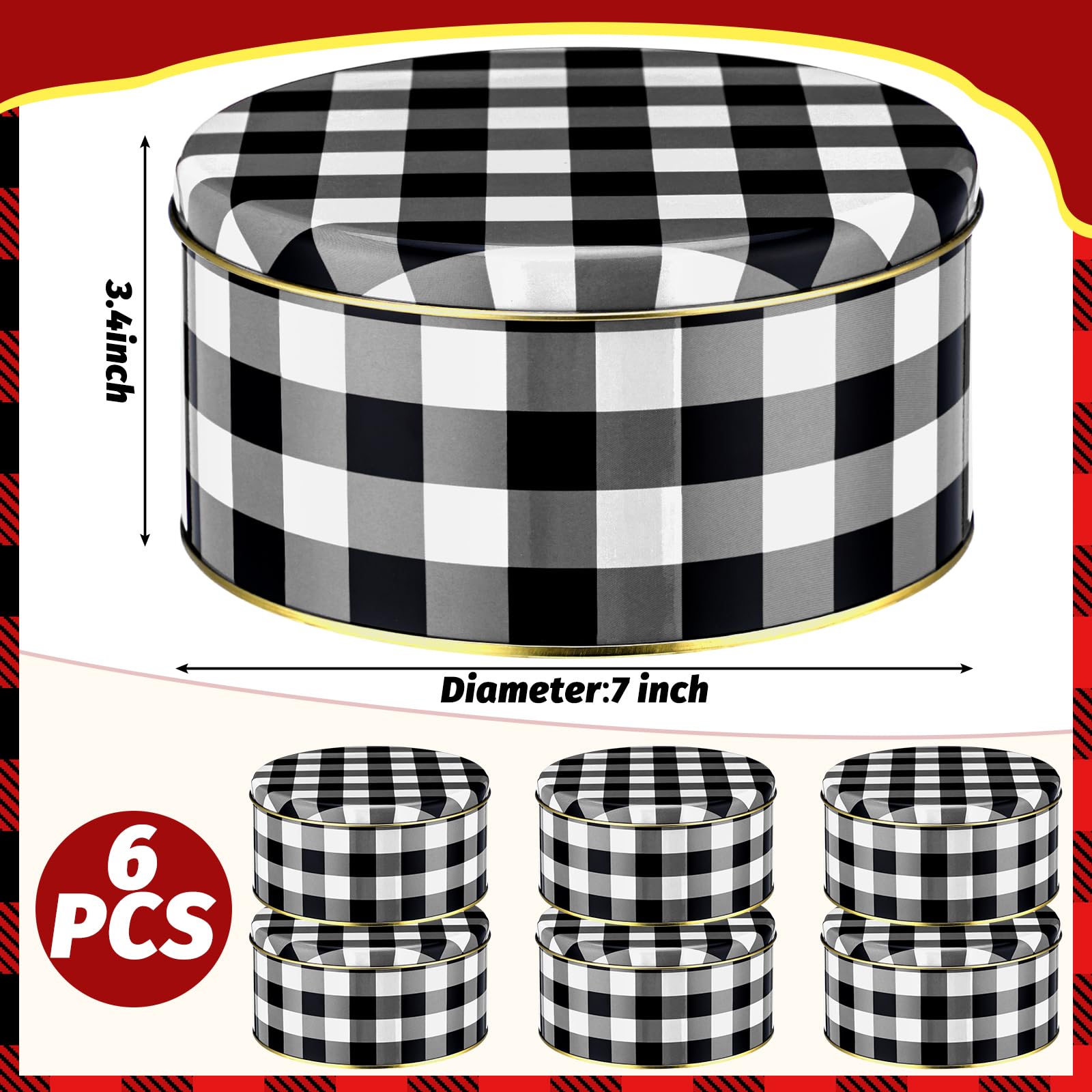 Tapa de lata Suttmin de acero con diseño negro y blanco de cuadros, ideal para almacenamiento seguro.