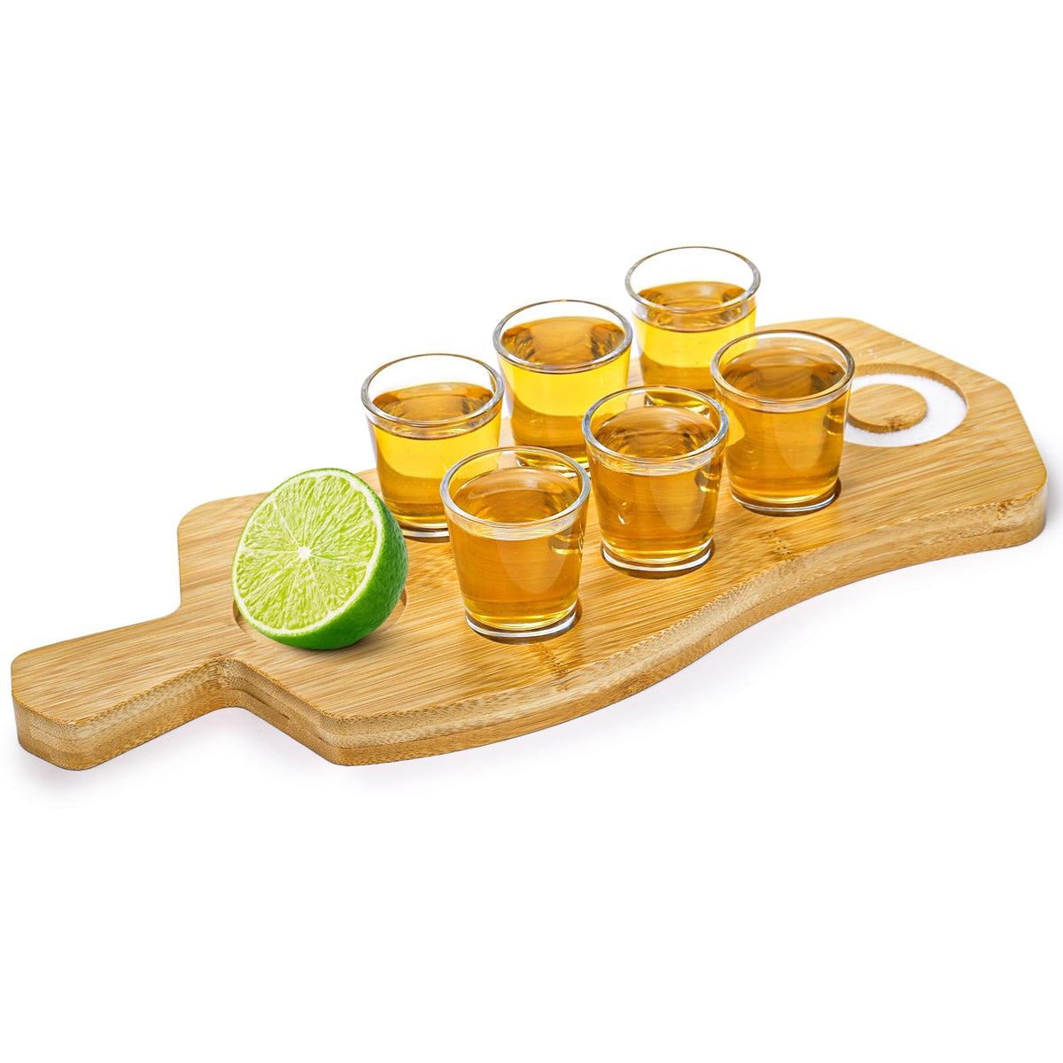 Suwimut tableros-tequila-6-vasos: presentación elegante para fiestas en casa.