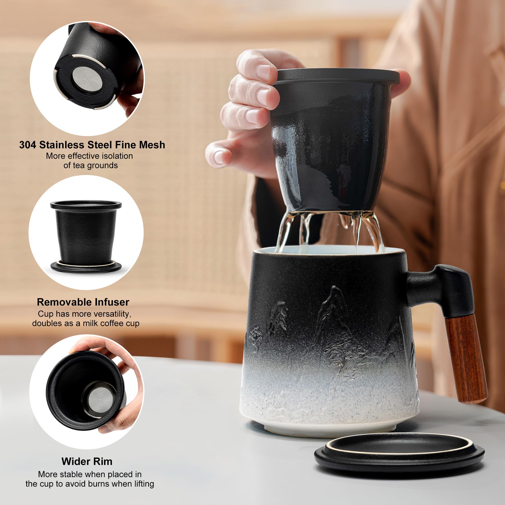 Taza suyika de 450 ml con infusor y tapa, asa de madera, experiencia de té cómoda