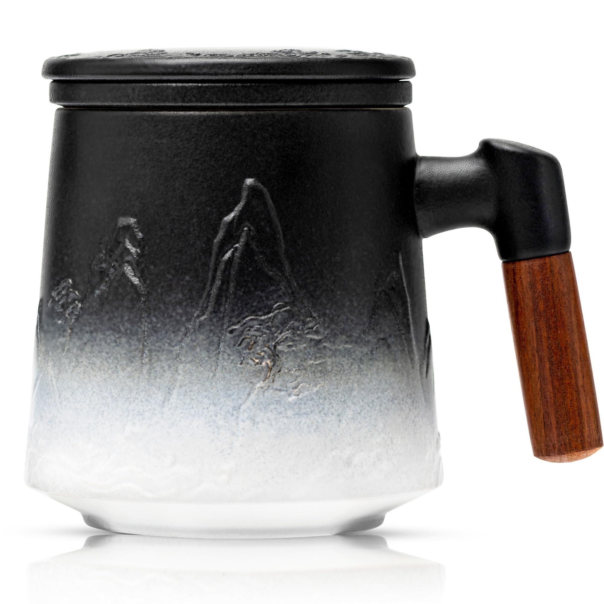 Taza suyika con infusor y tapa, relieve gradiente y asa de madera para hojas sueltas