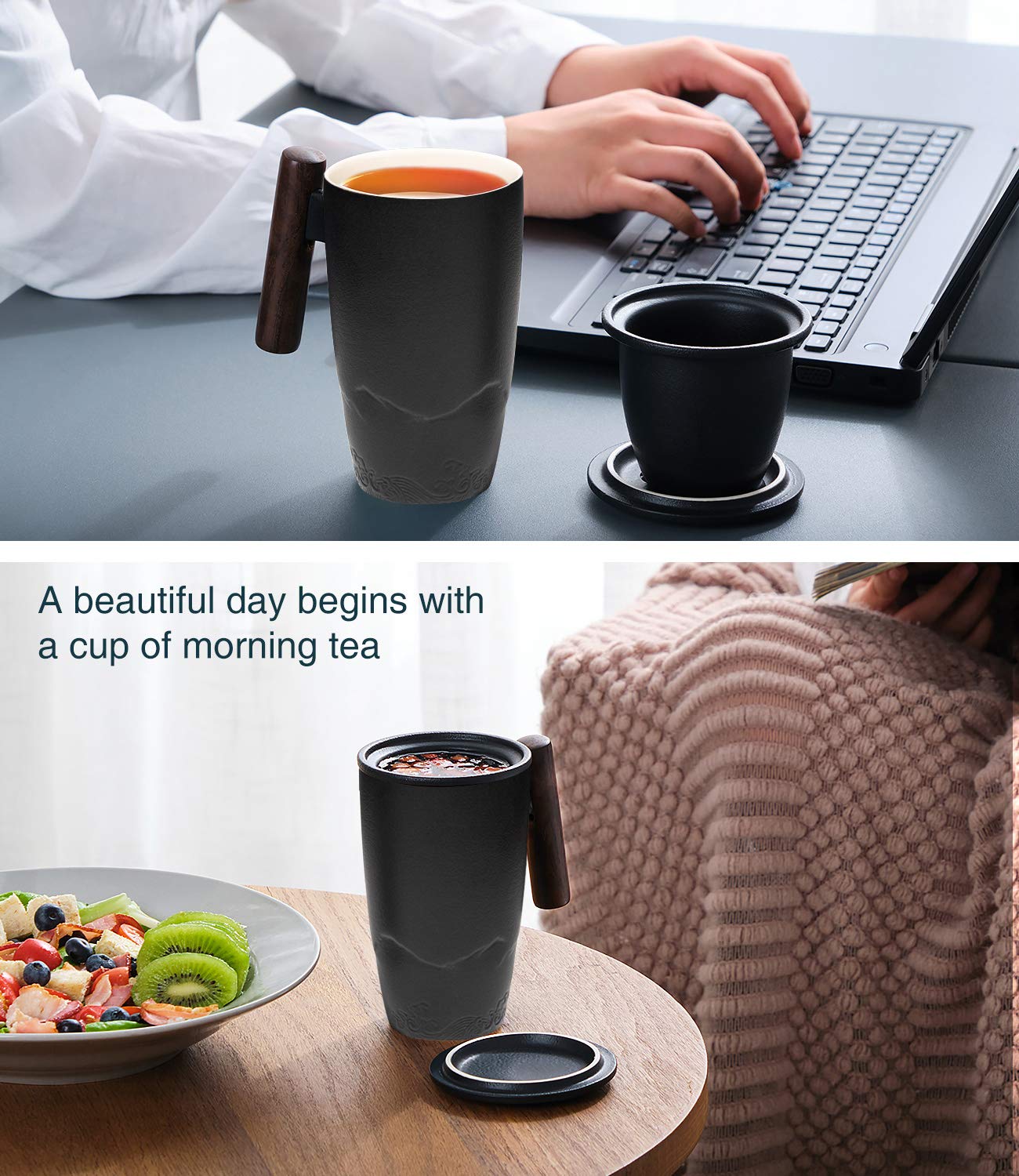 Taza cerámica multifuncional para té, café o agua, con filtro extraíble.