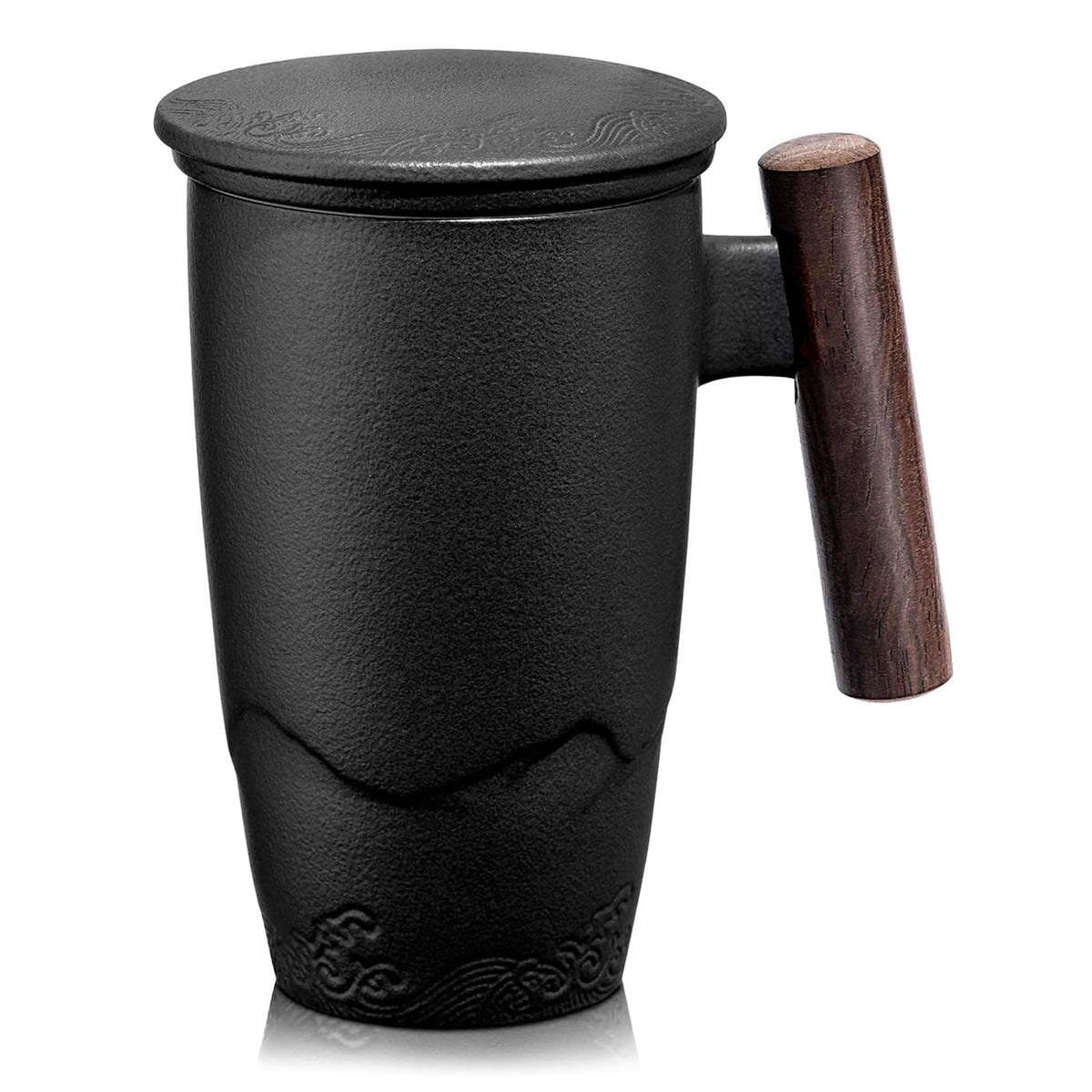 Taza suyika Tomotime con infusor cerámico y tapa, ideal para infusiones limpias.