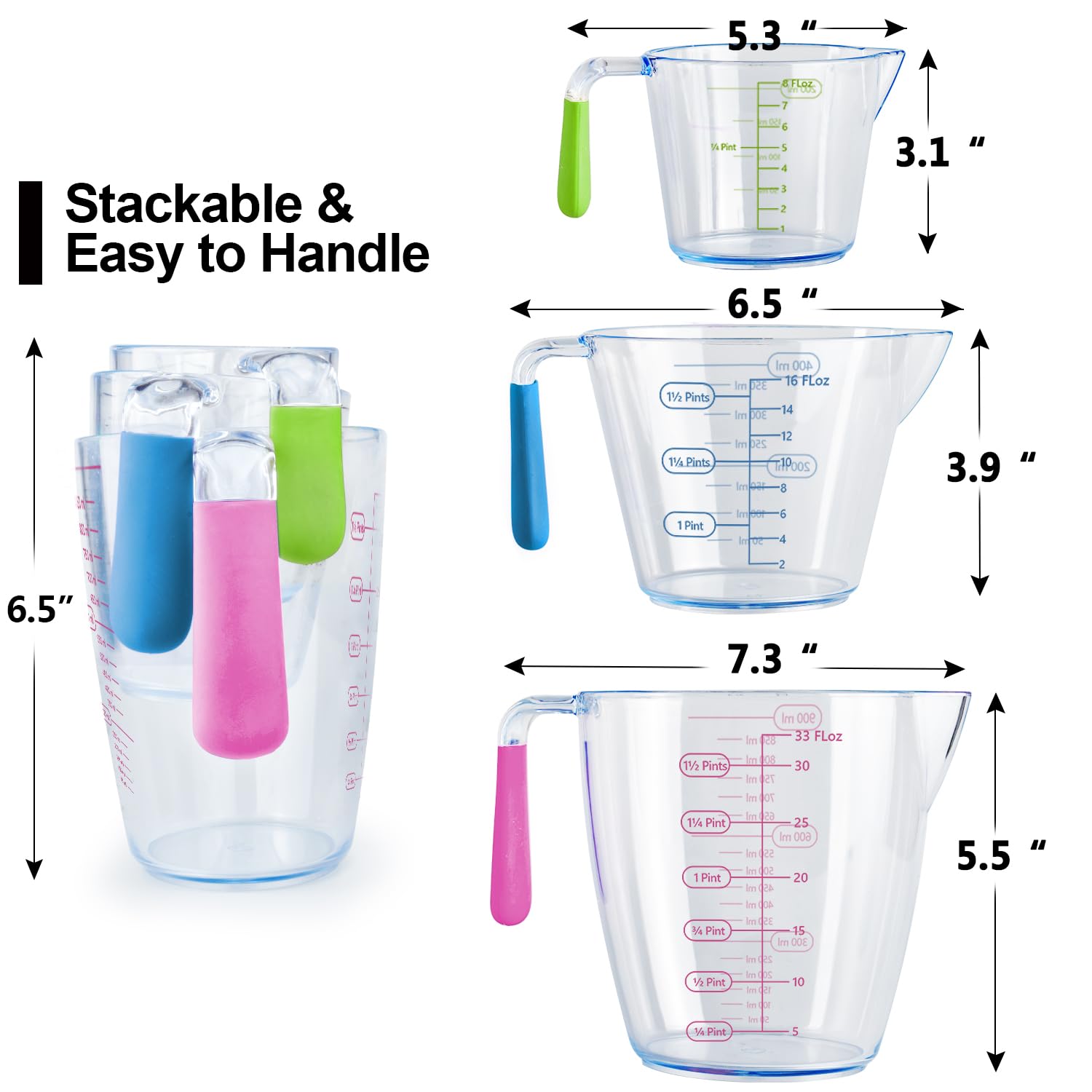 Suyue Y tazas medición ergonómicas, lectura fácil de la escala en cada taza.