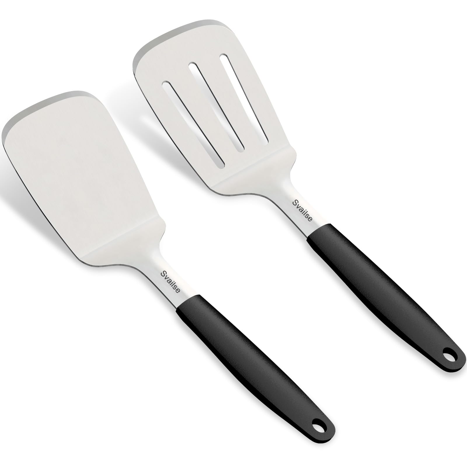 Svailse espátula sólida de acero inoxidable para voltear carnes y verduras con control.