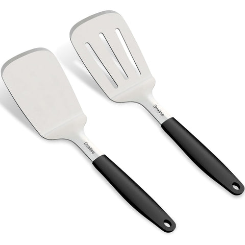 Svailse espátula sólida de acero inoxidable para voltear carnes y verduras con control.