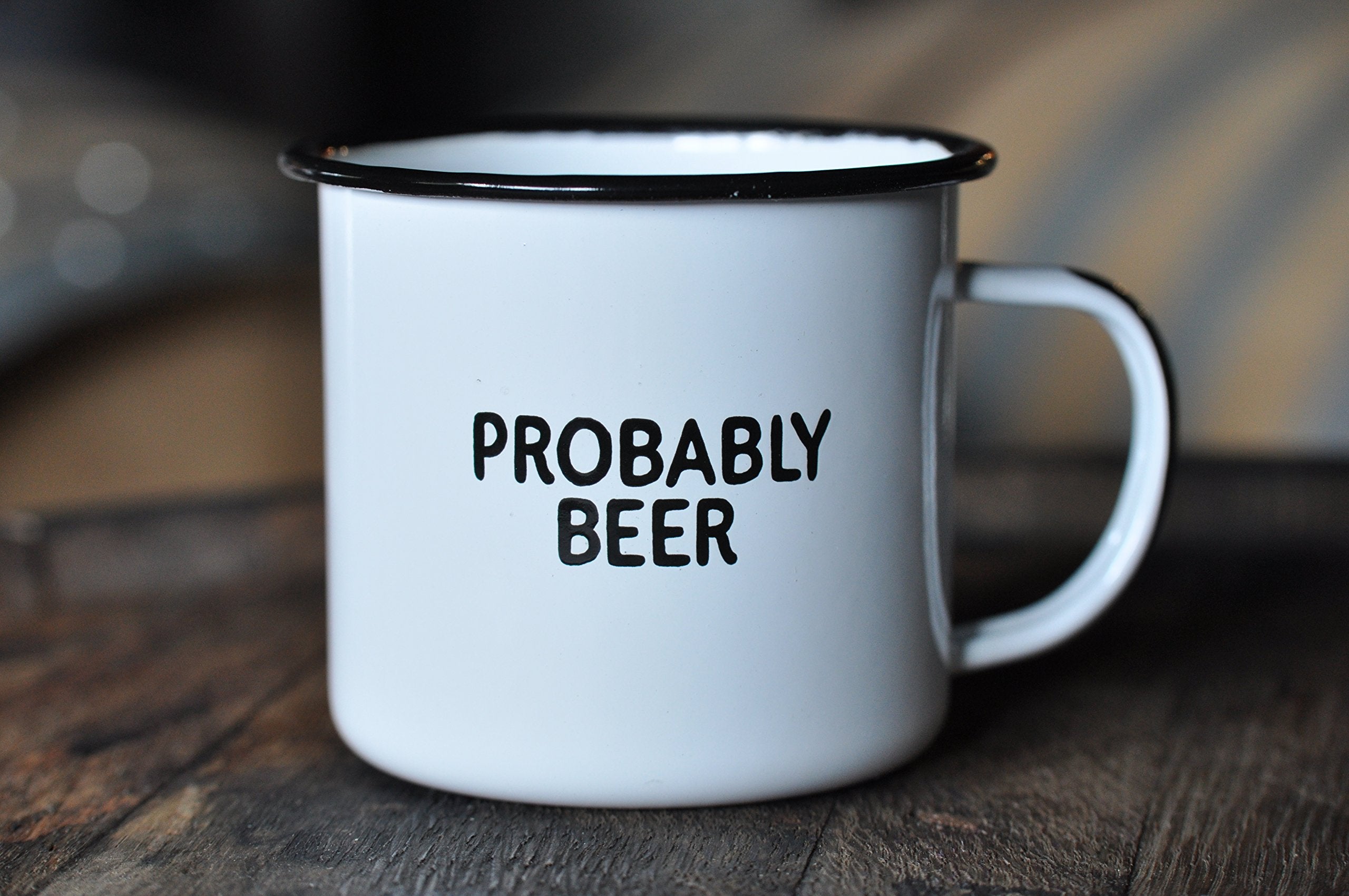 Swag Brewery PROBABLY BEER, taza esmaltada con mensaje visible en ambos lados, regalo divertido.