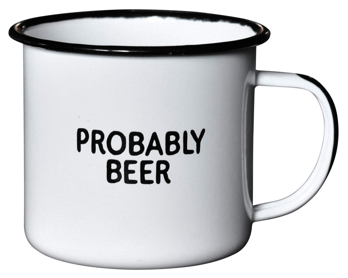 Swag Brewery PROBABLY BEER, taza esmaltada frontal, ideal para café diario y bebidas frías.