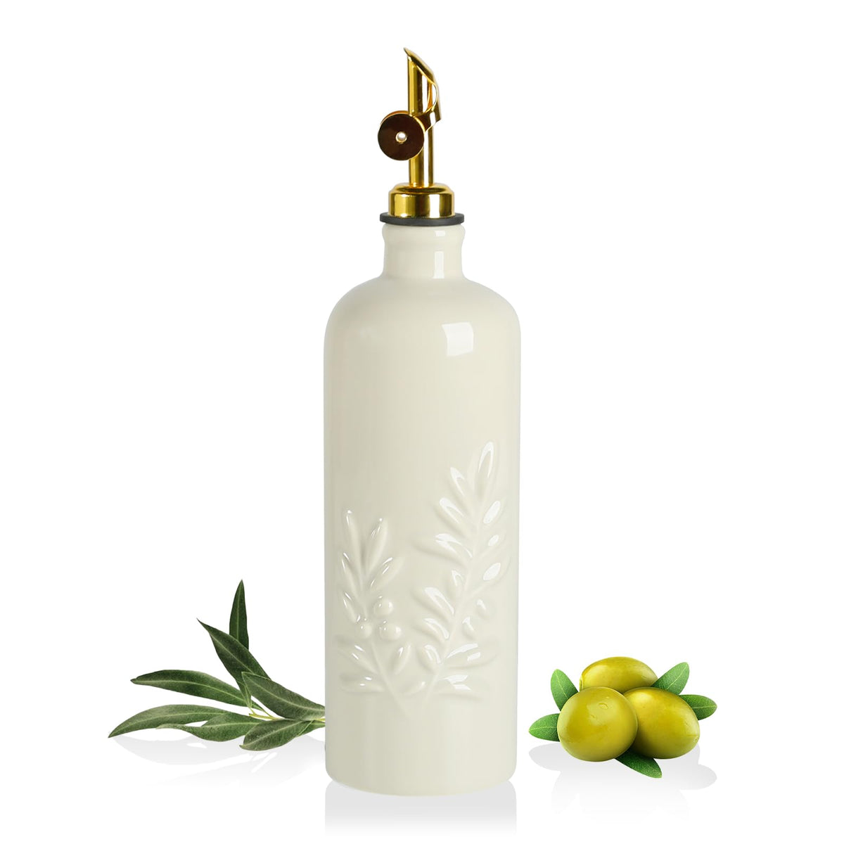 Sweejar dispensador de aceite cerámica con hoja de oliva, diseño elegante para encimeras.