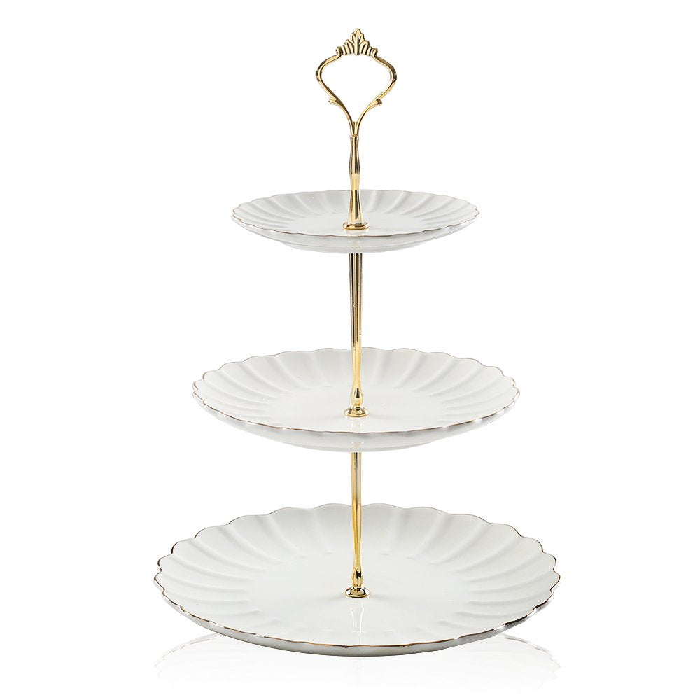 Sweejar bandeja tartas cerámica tres niveles en blanco, ideal para exhibir postres en bodas.