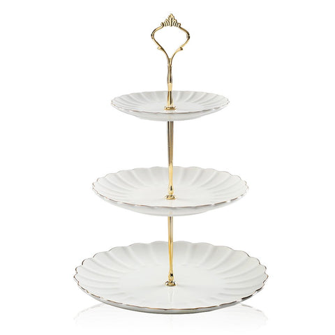 Sweejar bandeja tartas cerámica tres niveles en blanco, ideal para exhibir postres en bodas.