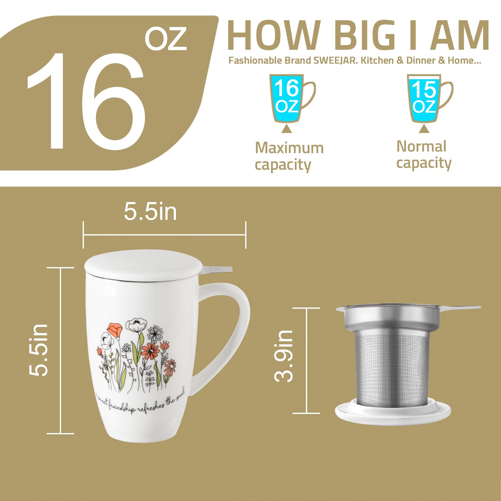 Infusor de acero inoxidable en porcelana Sweejar, filtro cómodo para té.