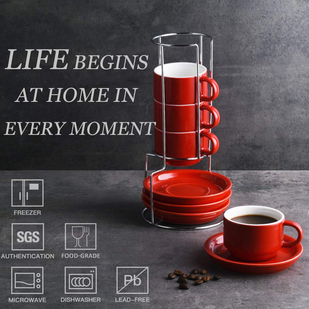 Sweejar platillos espresso porcelana roja 4oz: compatibles con soporte decorativo.
