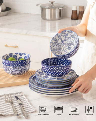 Plato de 8 pulgadas de Sweejar, cerámica con diseño azul vintage para cenas elegantes.