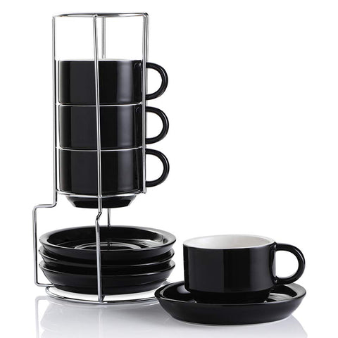 Conjunto Sweejar tazas espresso cerámicas con saucer y stand negro