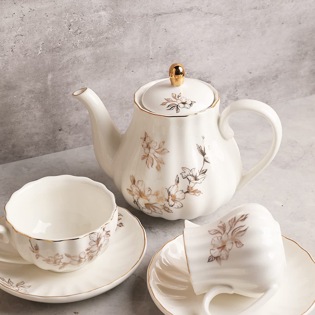 Sweejar tetera de porcelana con borde dorado, perfecto para ceremonias de té.