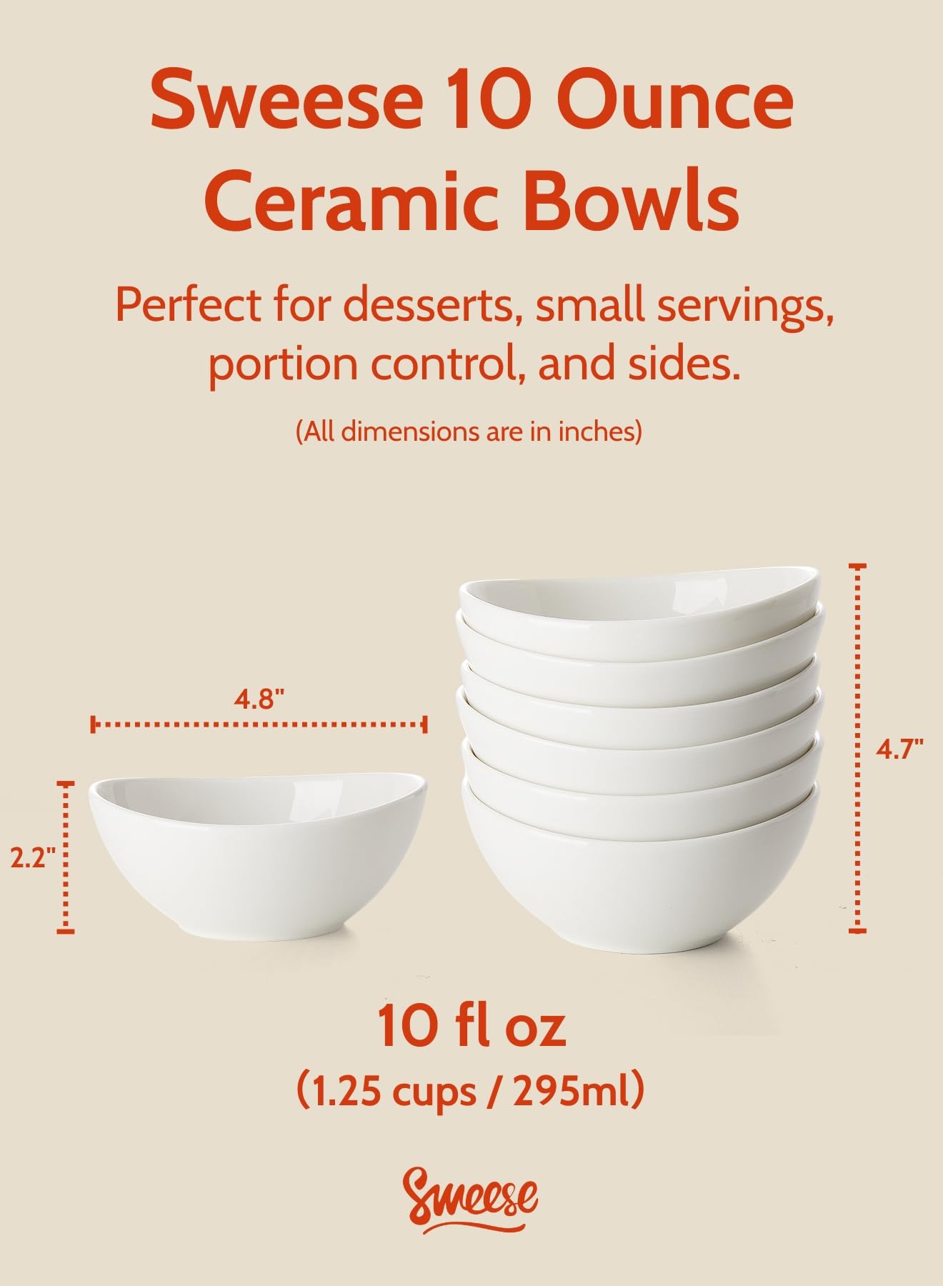 Sweese cuencos de porcelana blanca de 10 onzas perfectos para helado en la mesa