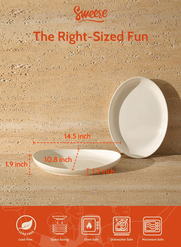 Presentación de alimentos Sweese: bandejas ovaladas de porcelana resistente ideal para mesas grandes.
