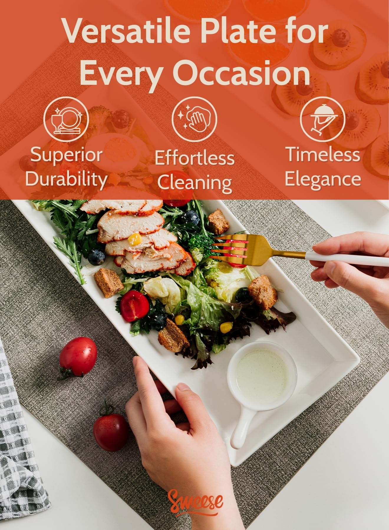 Sweese plato rectangular para servir, borde estable para evitar derrames.