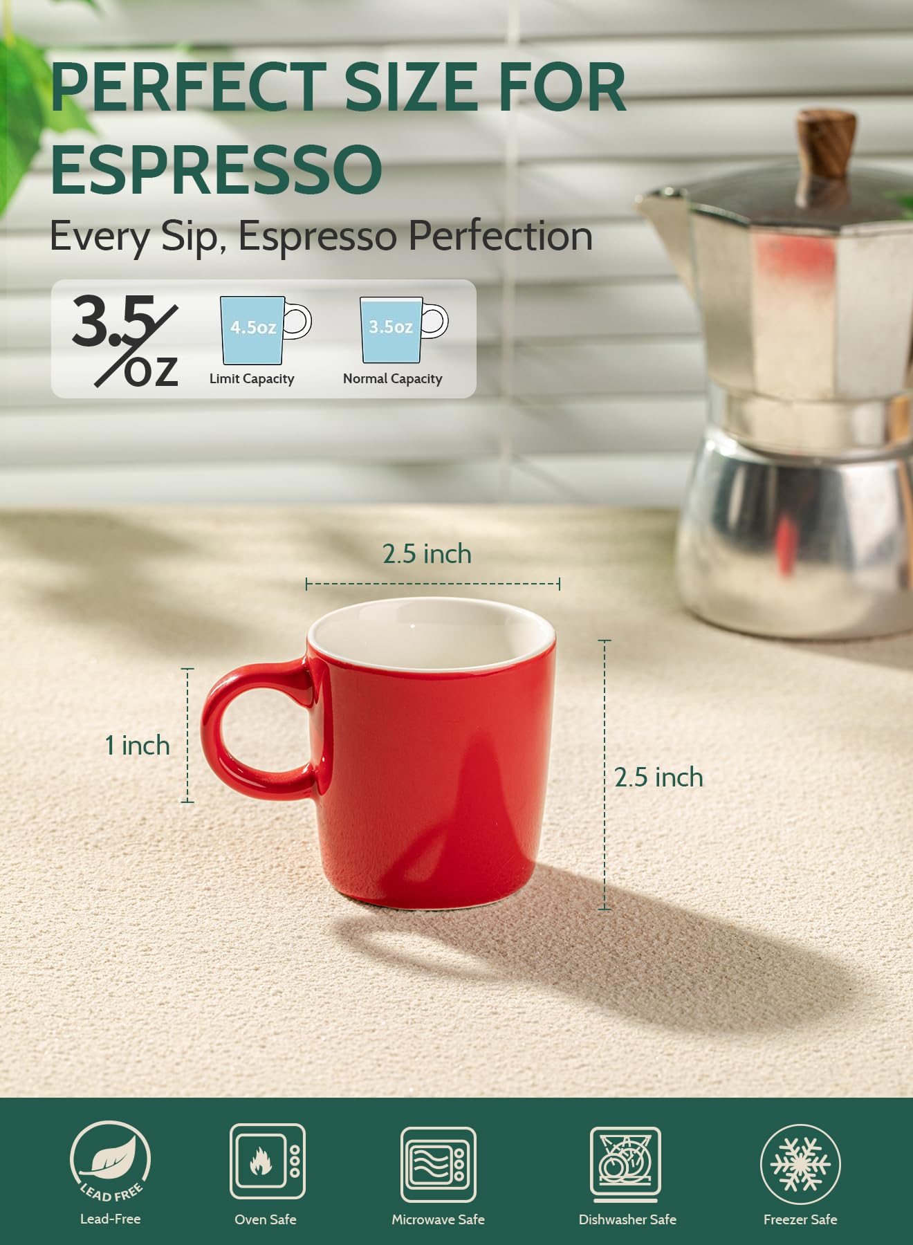 Taza demitasse Sweese ergonómica roja con mango cómodo para sostener el café.