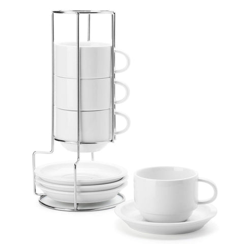 Sweese tazas cappuccino de porcelana apilables con platillos y soporte metálico para ahorro de espacio