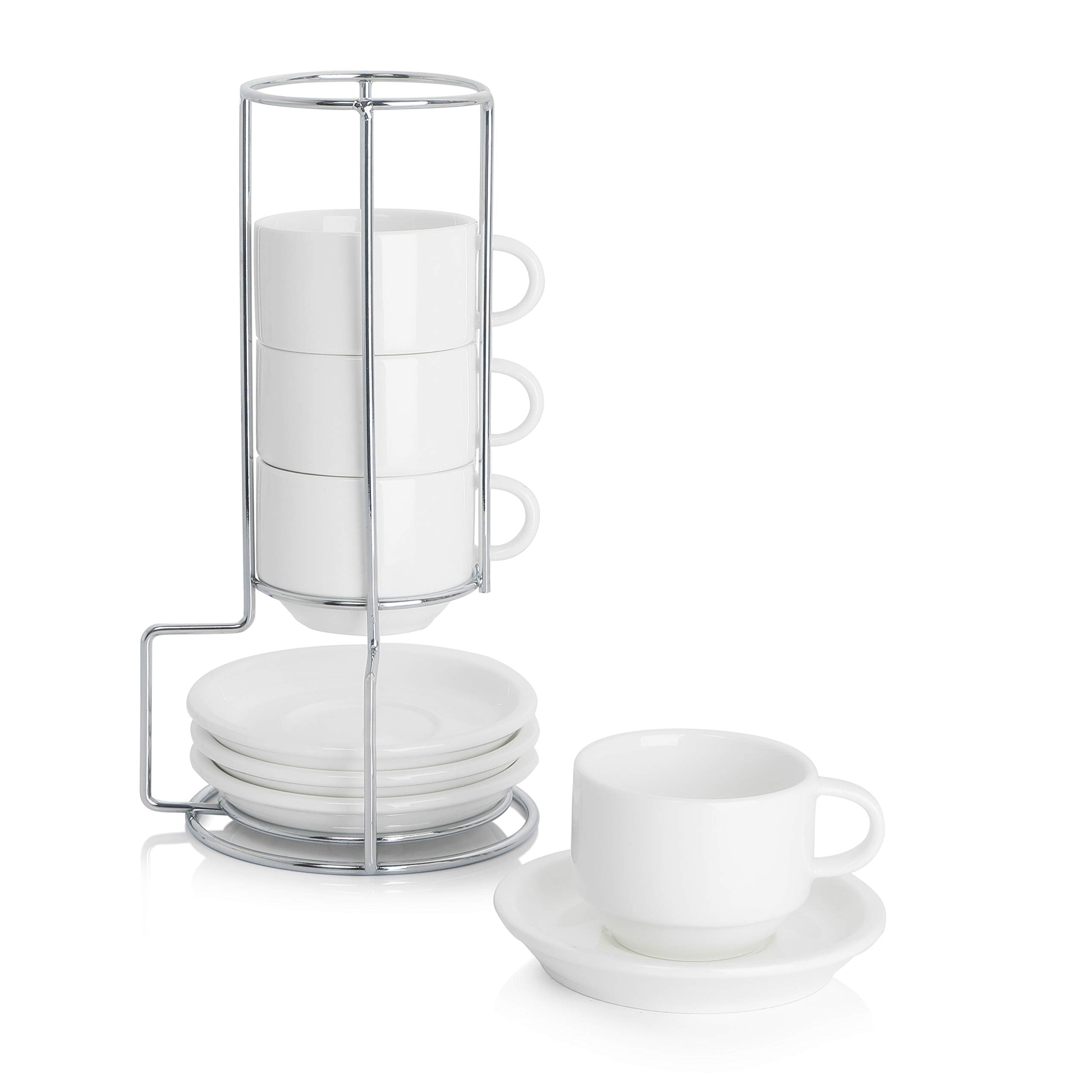 Tazas Sweese espresso apilables 2.5 oz con platillos y soporte metalico, ahorro de espacio.