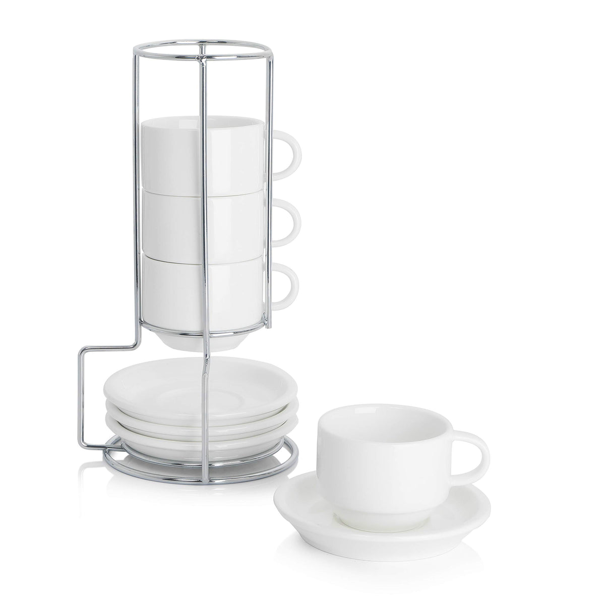 Tazas Sweese espresso apilables 2.5 oz con platillos y soporte metalico, ahorro de espacio.